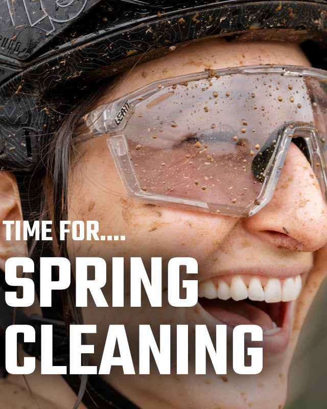 Person wearing a helmet and goggles with text overlay 'Time for Spring Cleaning'.