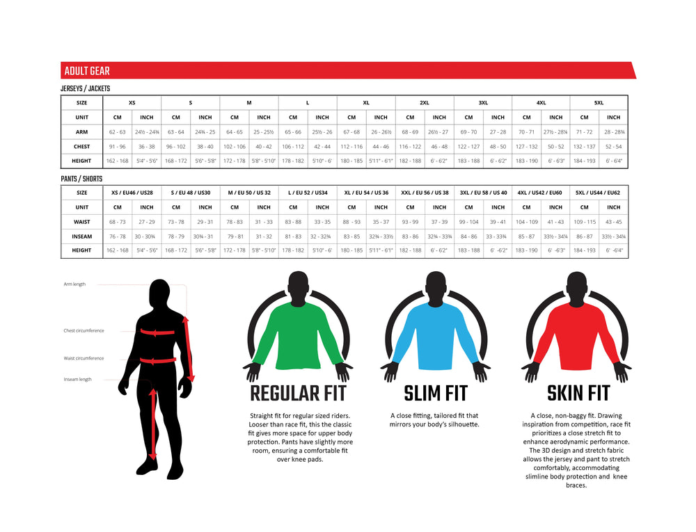 Size chart for adult garments with illustrations of different fit types.