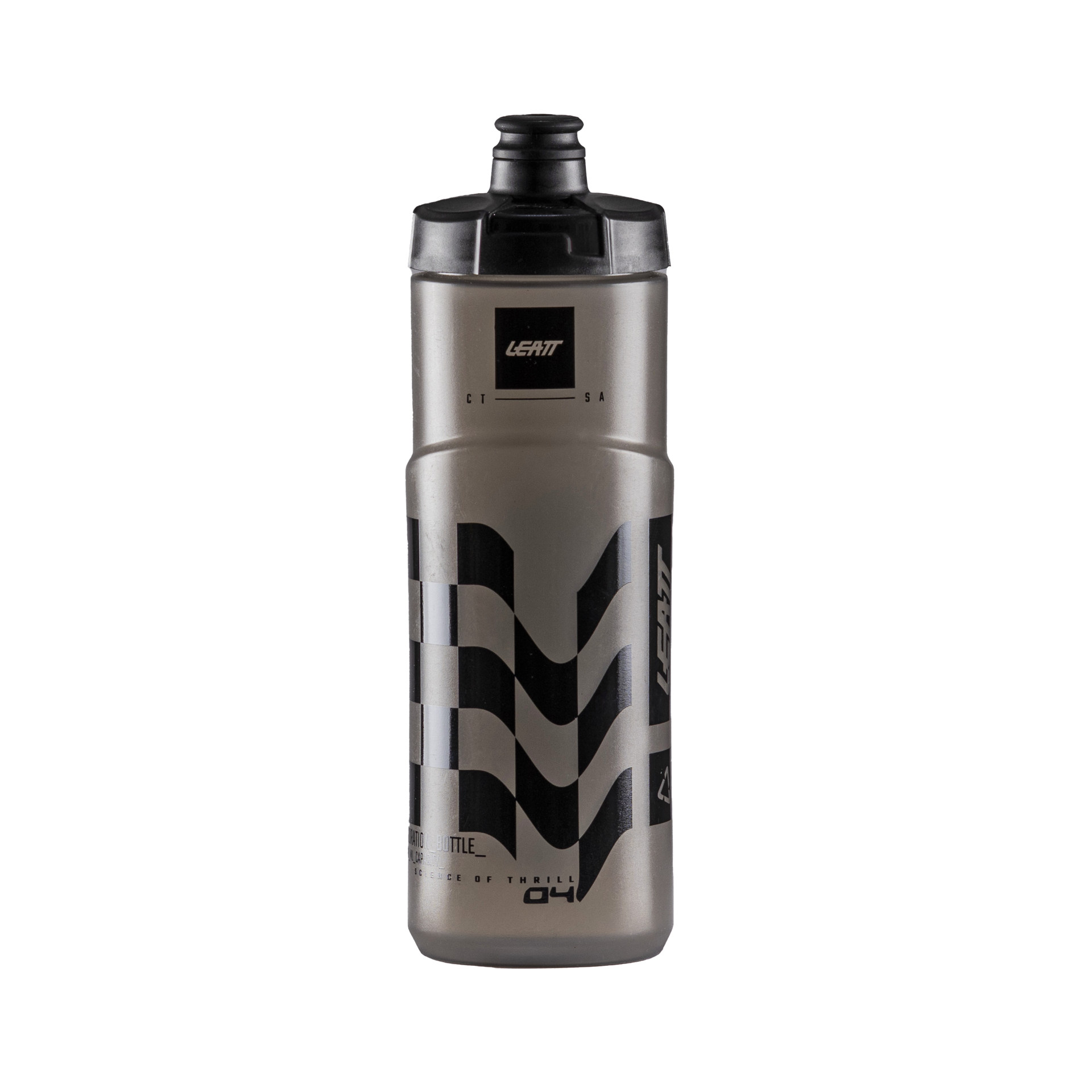 Leatt water bottle with black and gray design on a white background