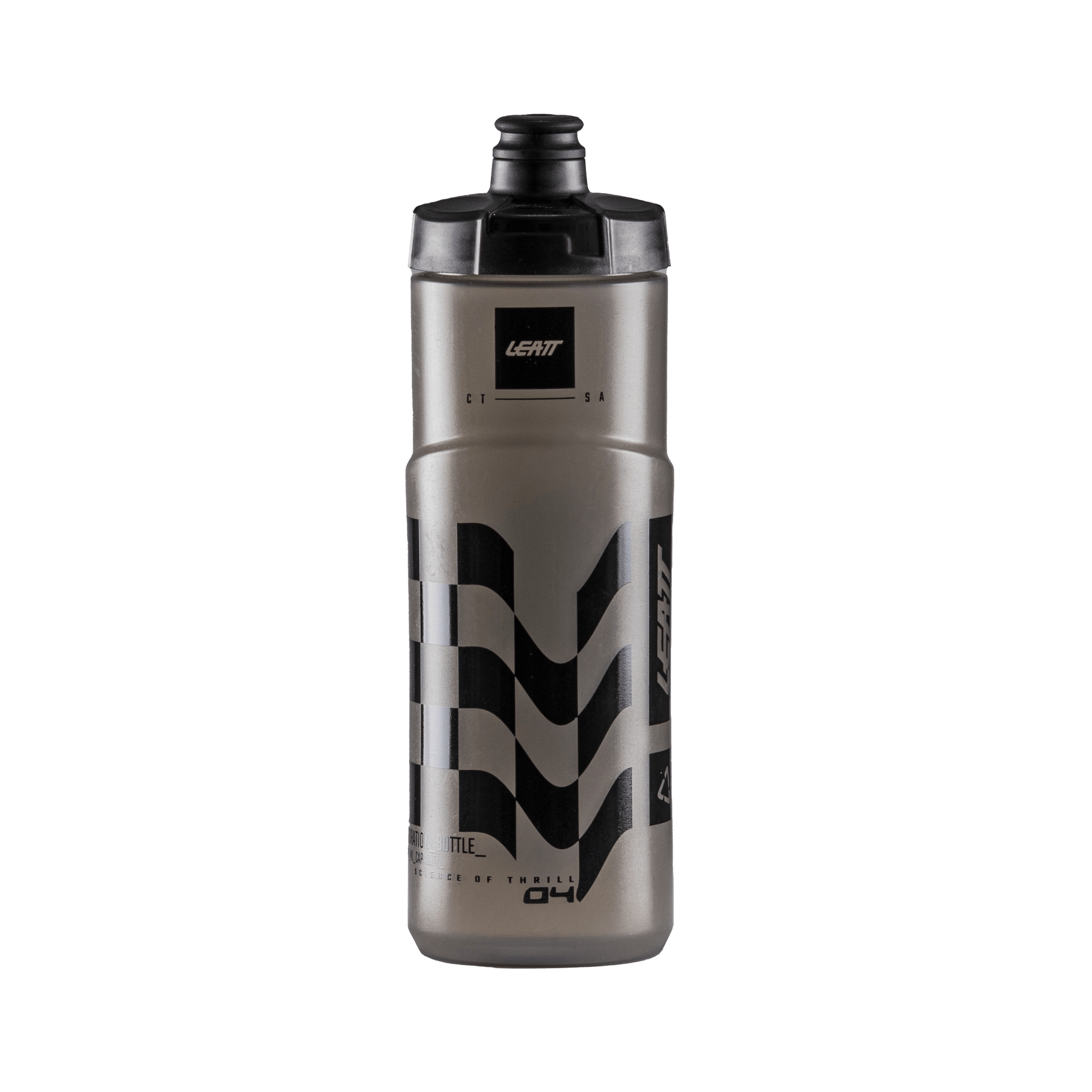 Leatt water bottle with black and gray design on a white background