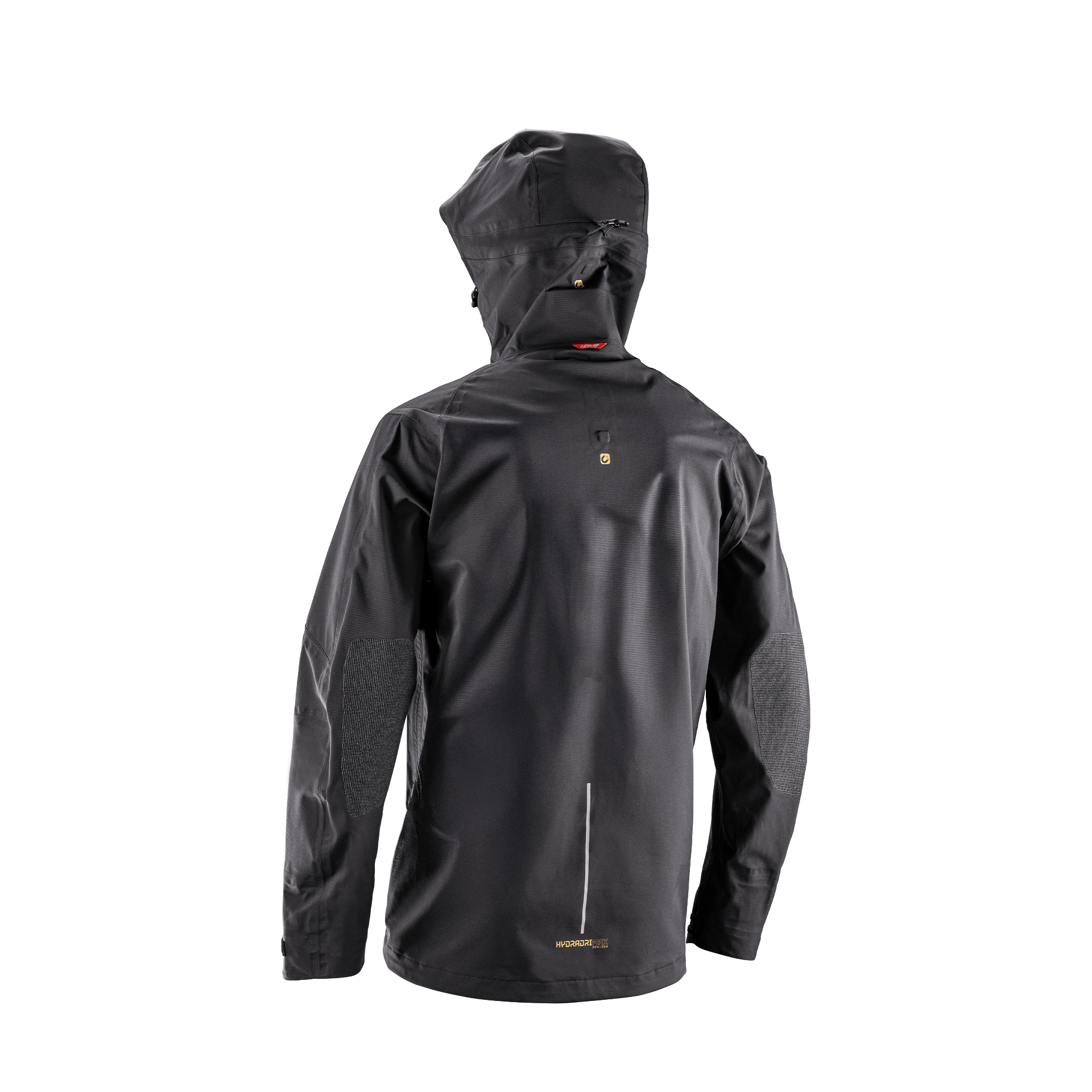 Black rain jacket with a hood on a white background