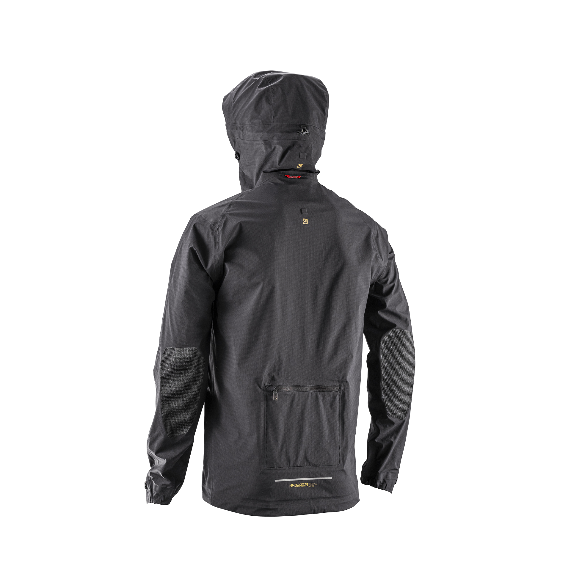 Black rain jacket with a hood on a white background