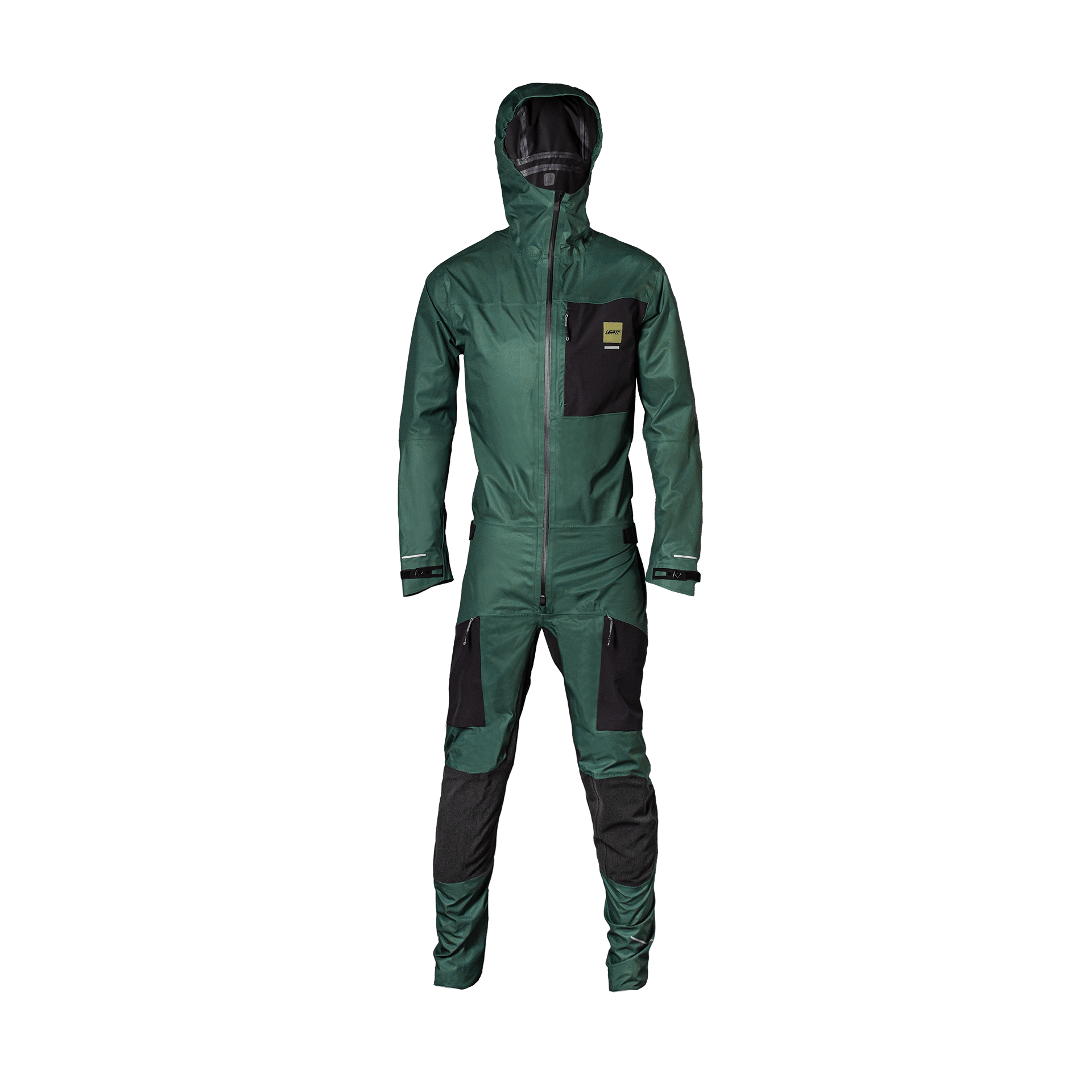 Green and black waterproof suit on a white background