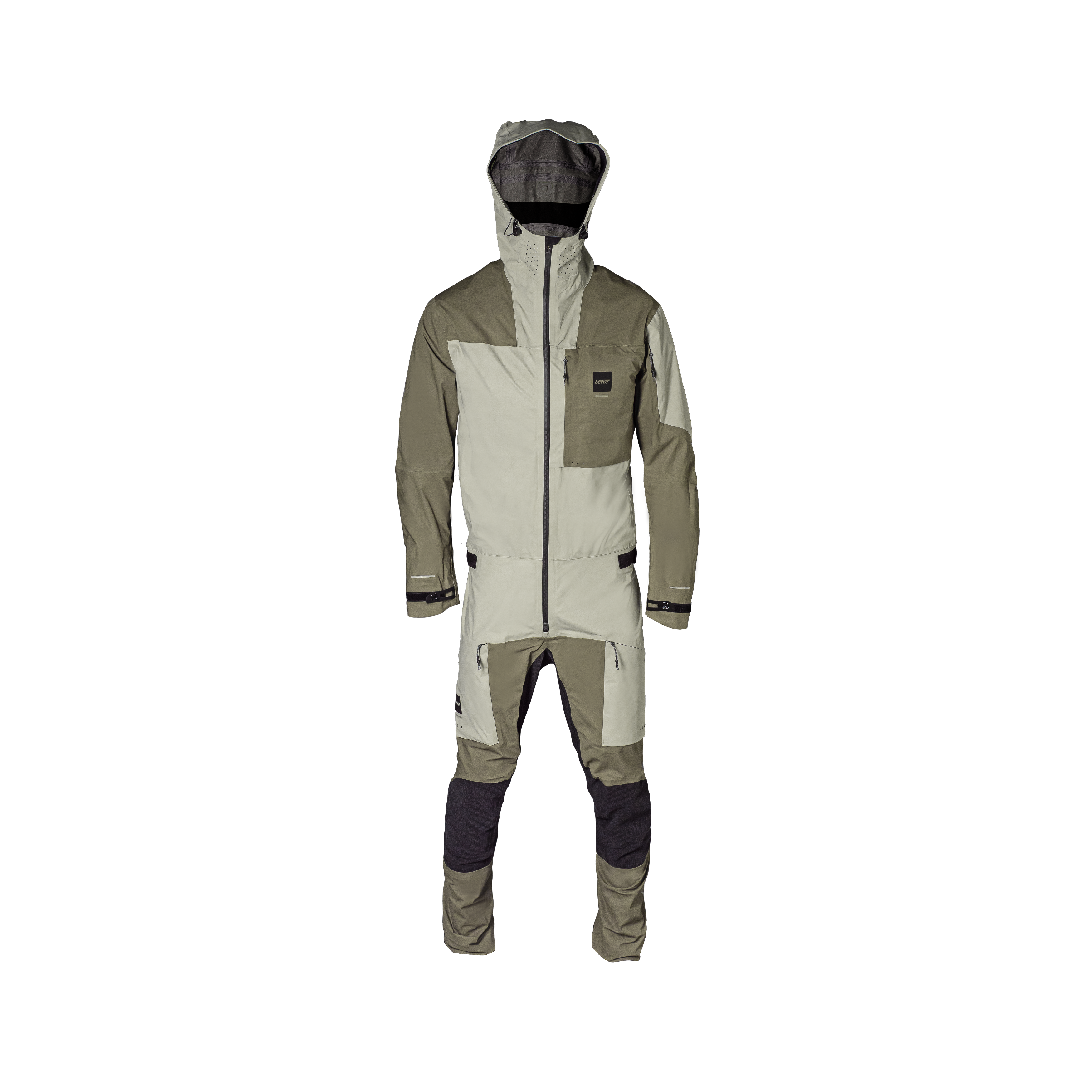 Two-piece waterproof suit with hood on a white background