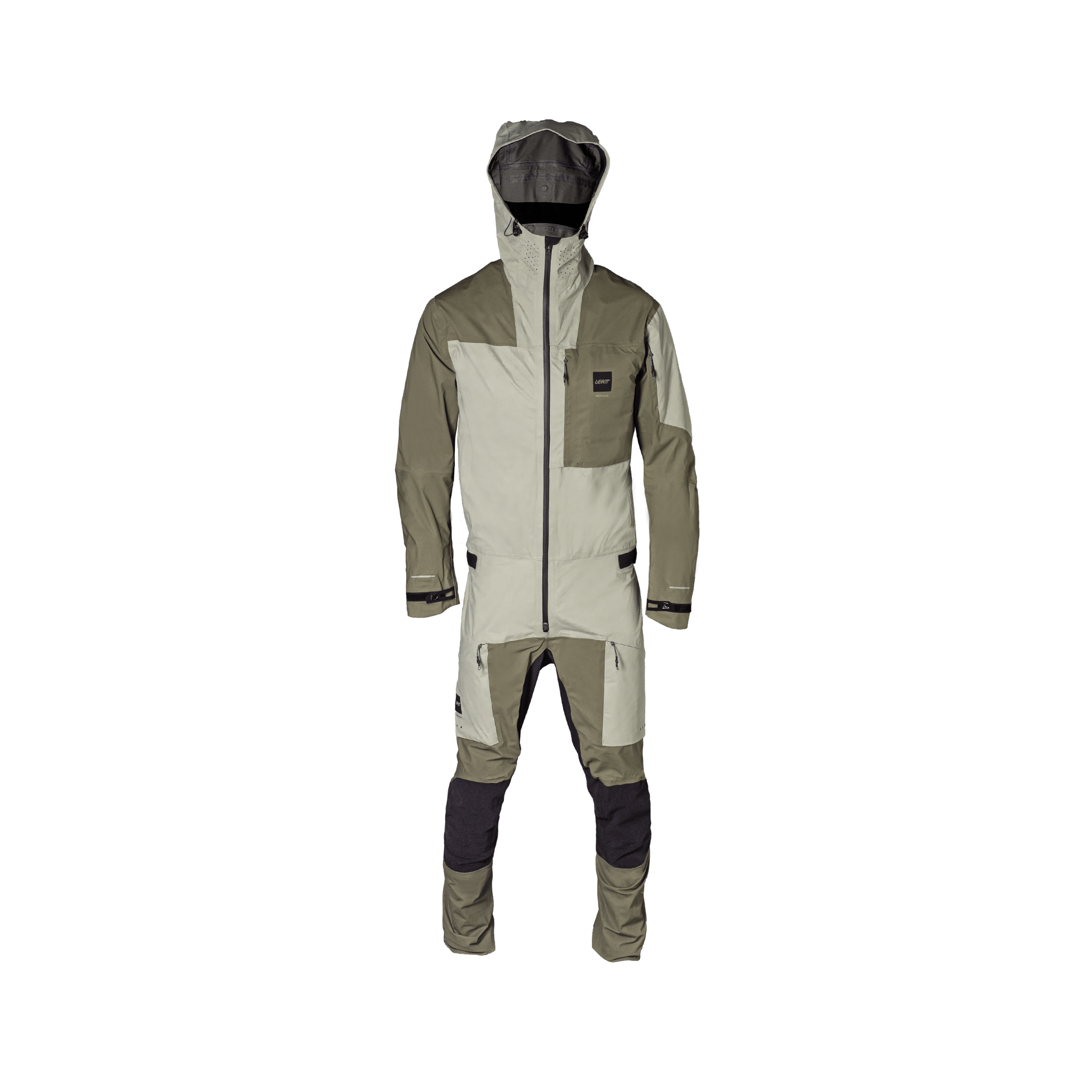 Two-piece waterproof suit with hood on a white background