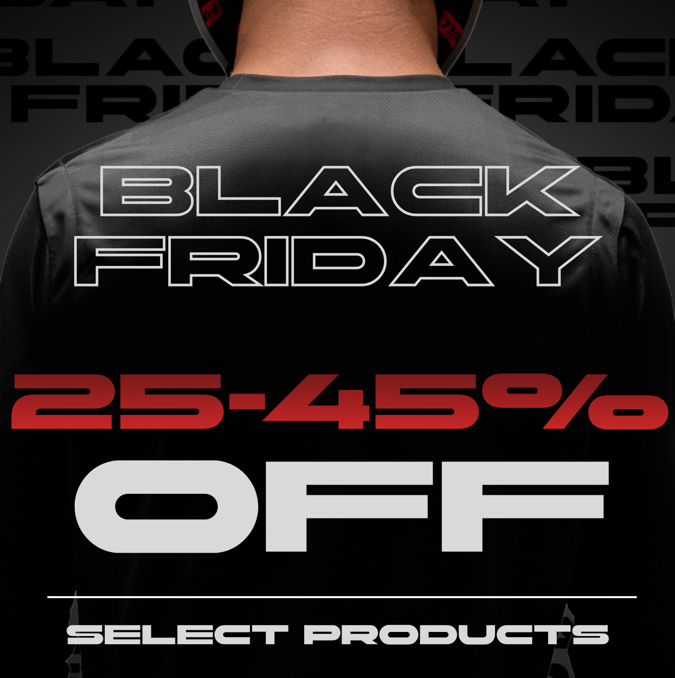 Promotional graphic with 'Black Friday' discount text on a black background