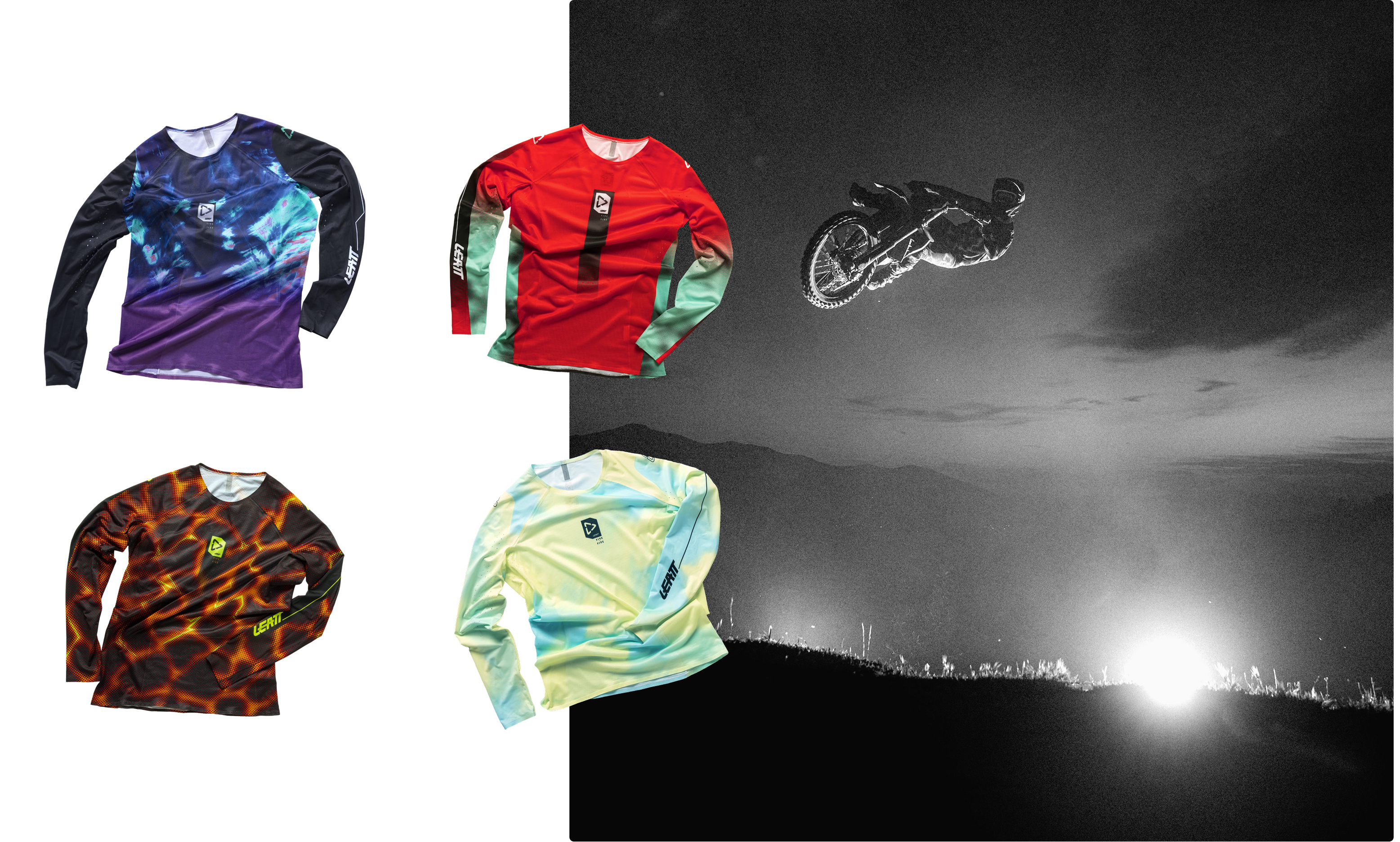 Four long-sleeve athletic jerseys shown in a collage: a blue-to-purple gradient design, a red jersey with green sleeves, an orange-to-black flame pattern, and a light blue/yellow gradient design. The right half also shows a black-and-white motocross scene with a rider mid-air and bright track lighting.