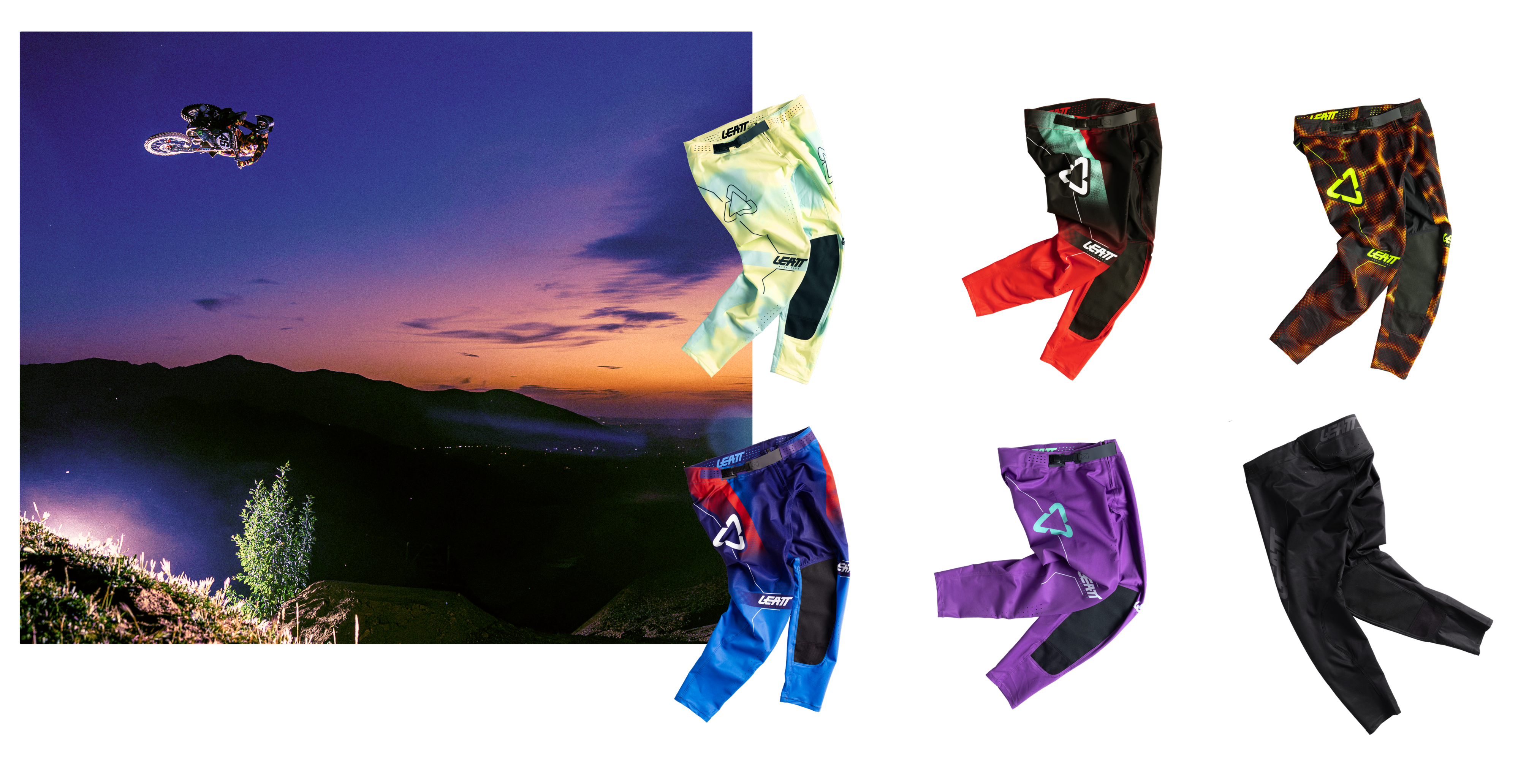 Six pairs of motocross pants in various colors and patterns are displayed on a white background next to a scenic sunset mountain landscape photo with a motorcycle rider in the sky.