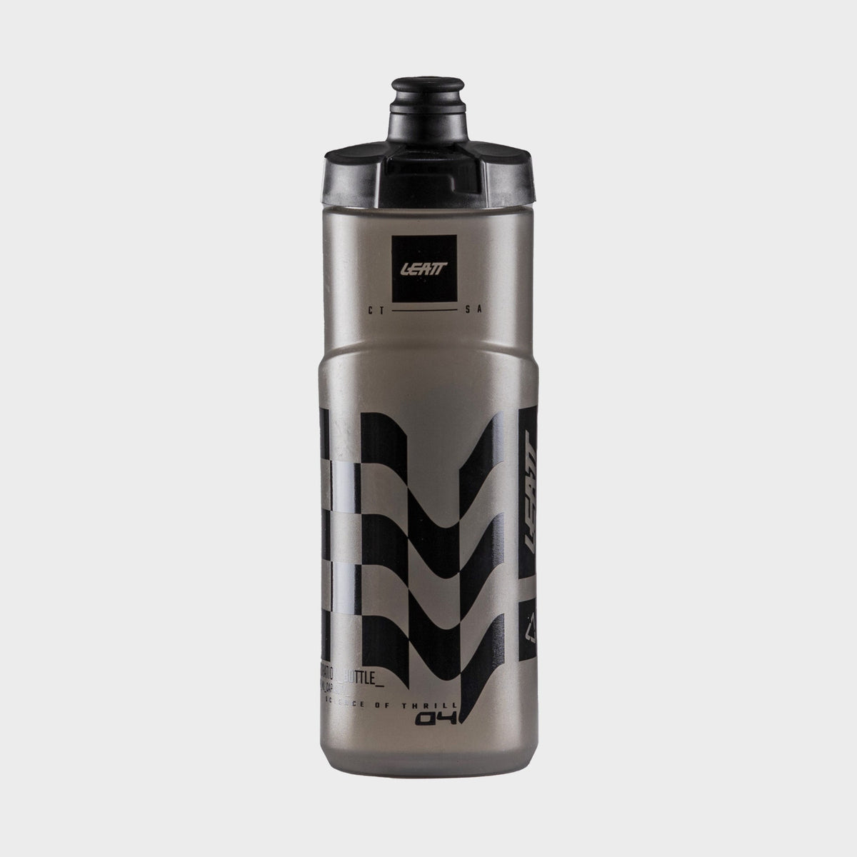 Leatt water bottle with black and gray design on a white background
