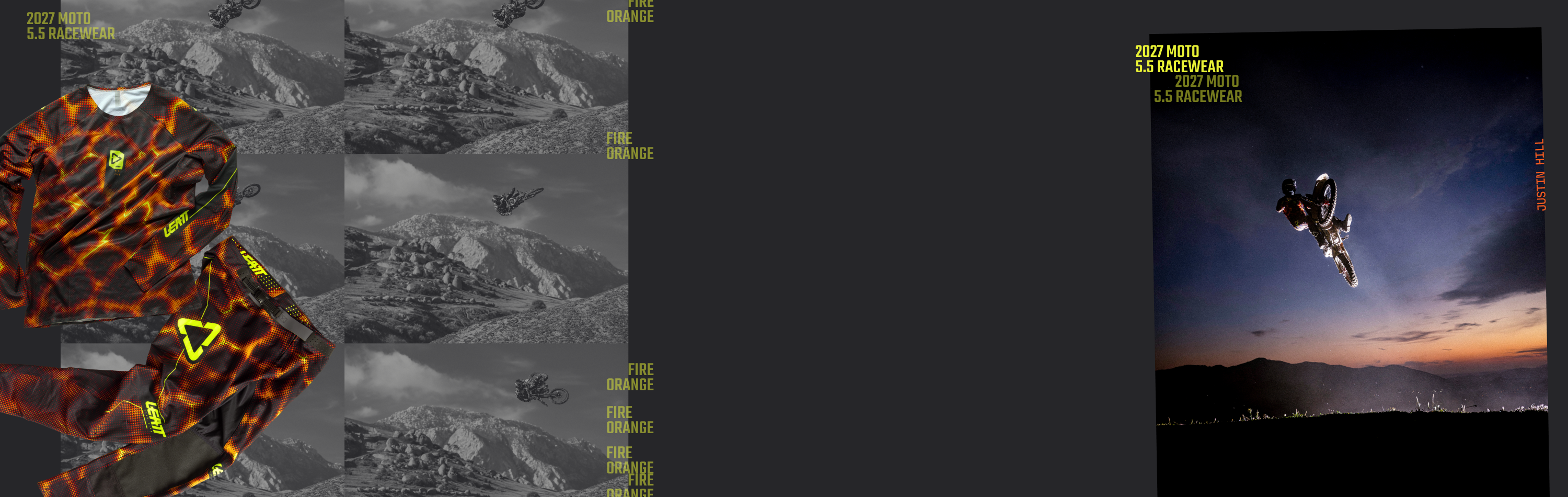 A wide promotional graphic or poster layout featuring multiple panels: a large abstract orange and black patterned square on the left, grayscale mountain-and-aircraft panels with yellow text, a dark central area, and a smaller scenic panel on the right showing a skydiver against a sunset sky.