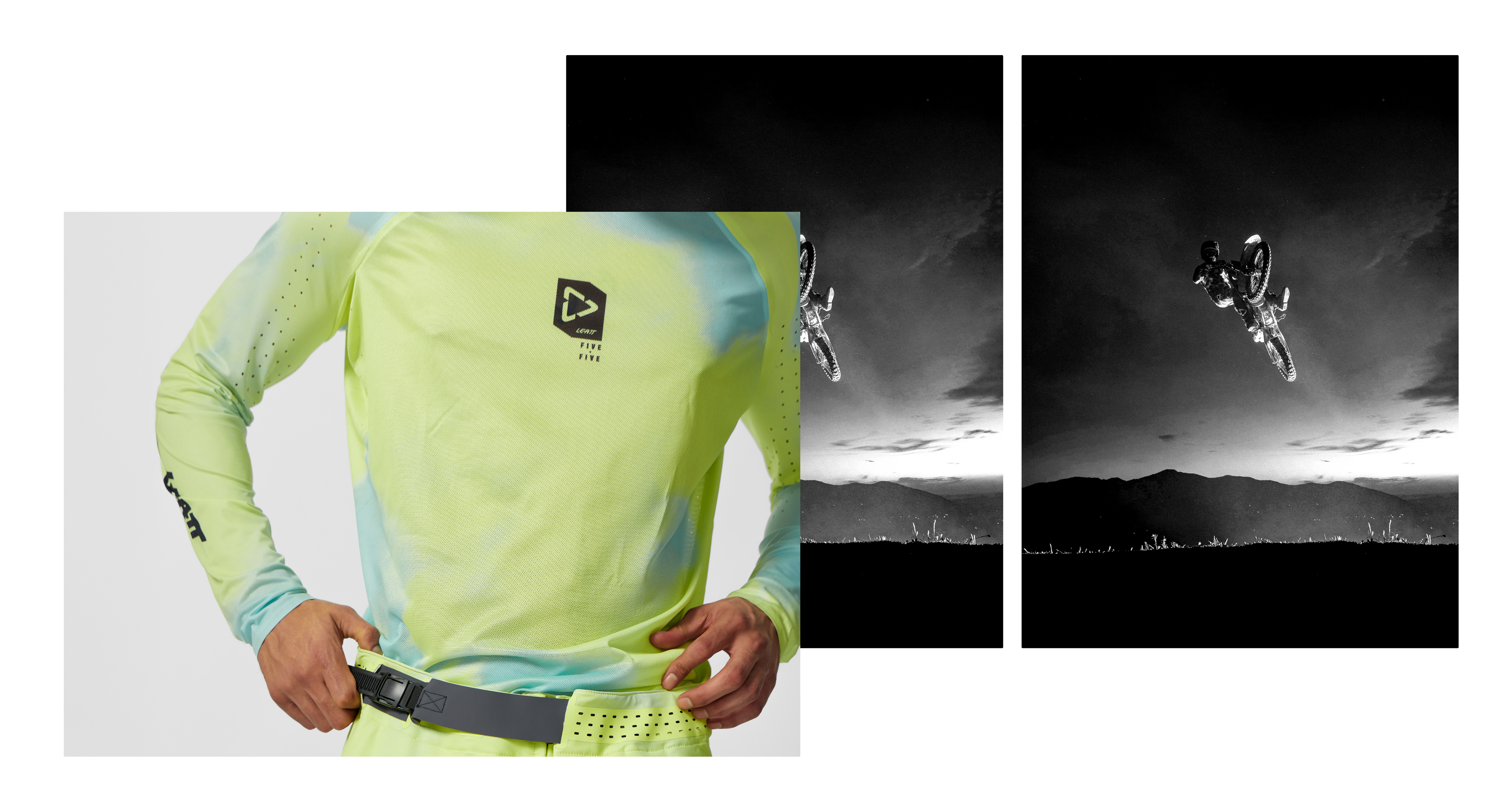 A long-sleeve athletic jersey in neon yellow-green and light blue, shown on a cropped model torso with a gray belt. Two black-and-white action panels behind it show a rider mid-jump outdoors.