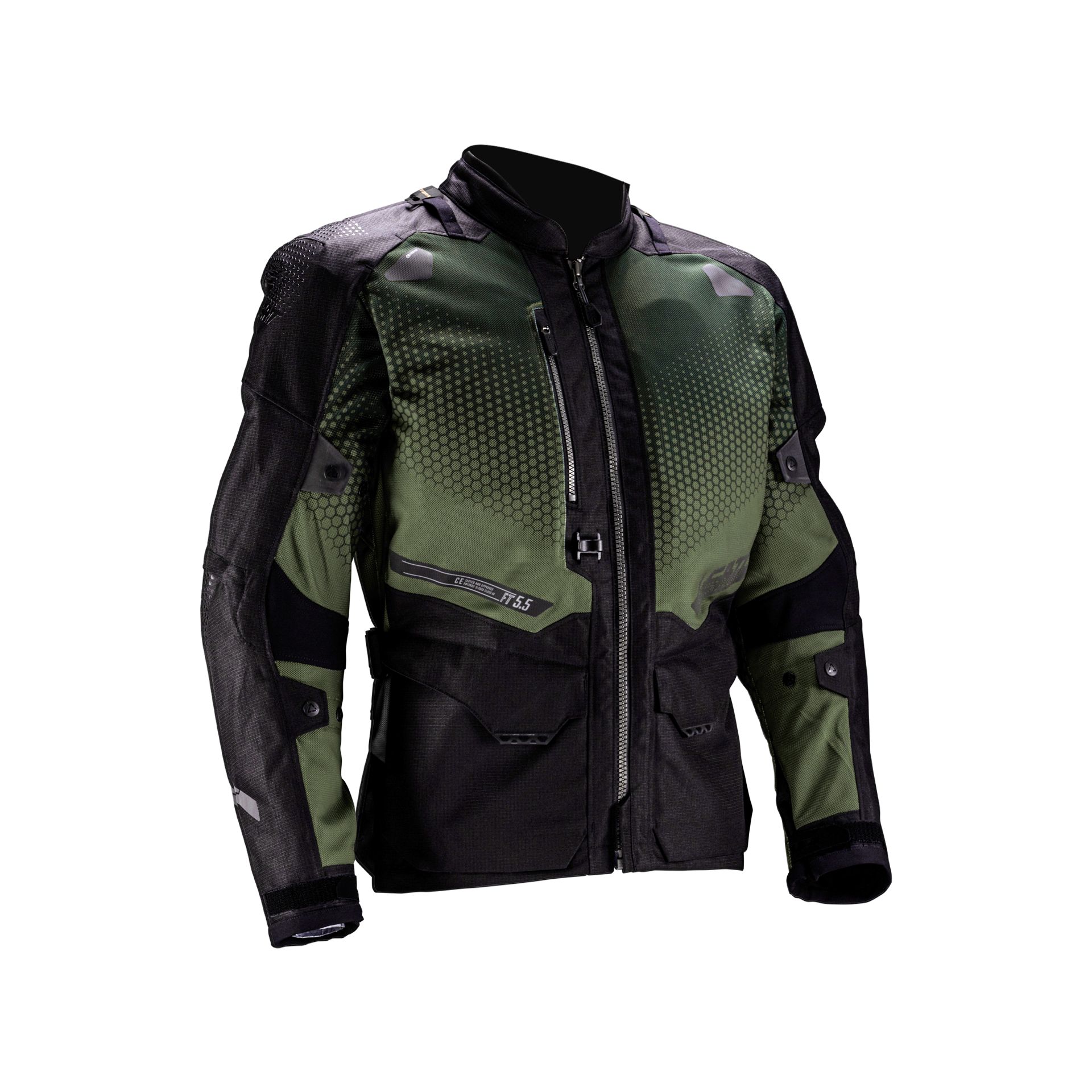 Green and black motorcycle jacket on a white background
