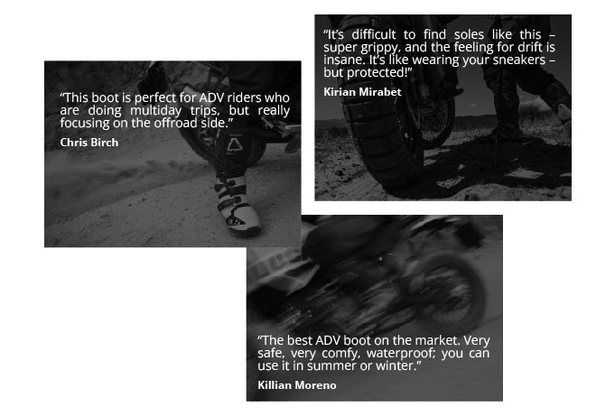 Black and white images of a boot with text reviews on a white background
