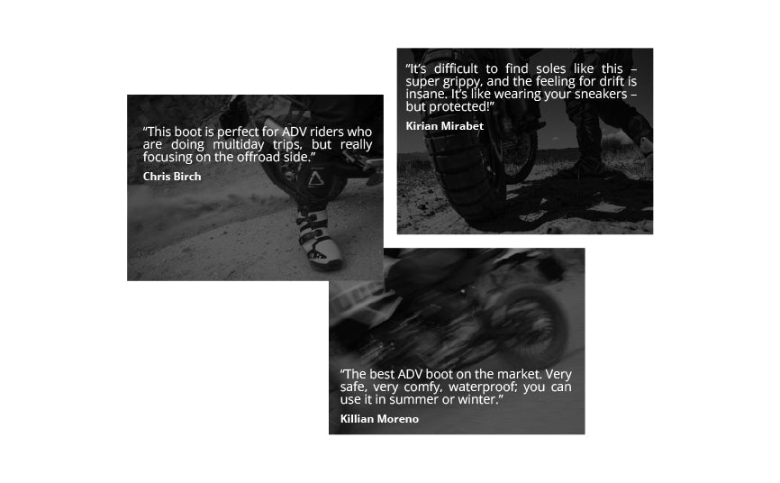 Black and white images of a motorcycle boot with text reviews on a white background