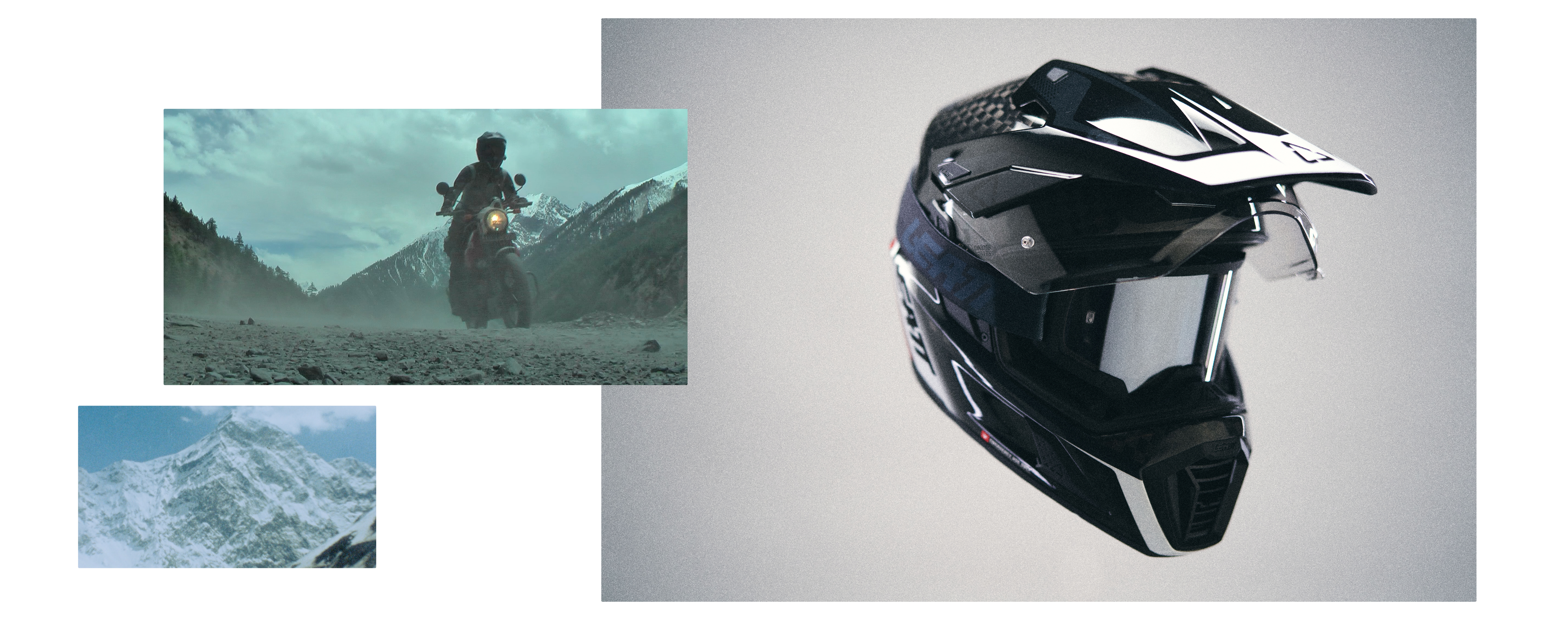A black and white full-face off-road motorcycle helmet with a clear visor, shown on a light gray background next to two small inset images depicting a rider on a motorcycle in a mountainous terrain and snowy mountains.