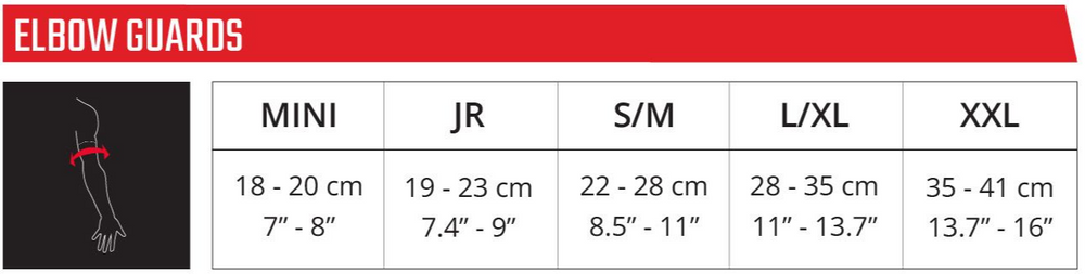 Elbow guard sizing chart