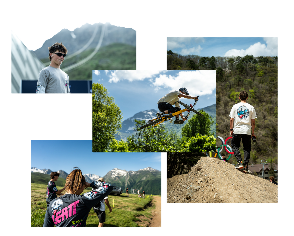 A collage of four outdoor mountain biking and riding scenes featuring riders in action, with one rider shown from the back wearing a white t-shirt with a colorful graphic, and another in a gray shirt. The scenes are set against green forests, dirt tracks, and snowy mountains under a blue sky.