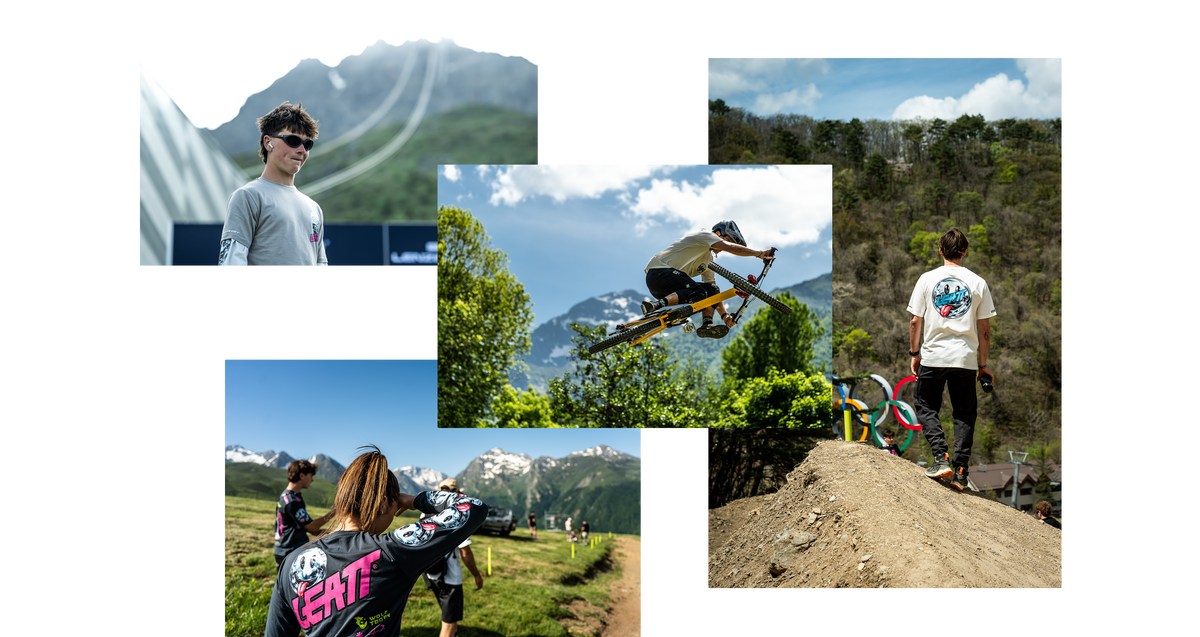 A collage of outdoor mountain-ski and ski resort scenes: a person in a gray shirt standing in front of a mountain, a skier jumping mid-air, people in a ski resort with mountains in the background, and a person wearing a white T-shirt with a colorful graphic on the back while standing on a dirt slope.