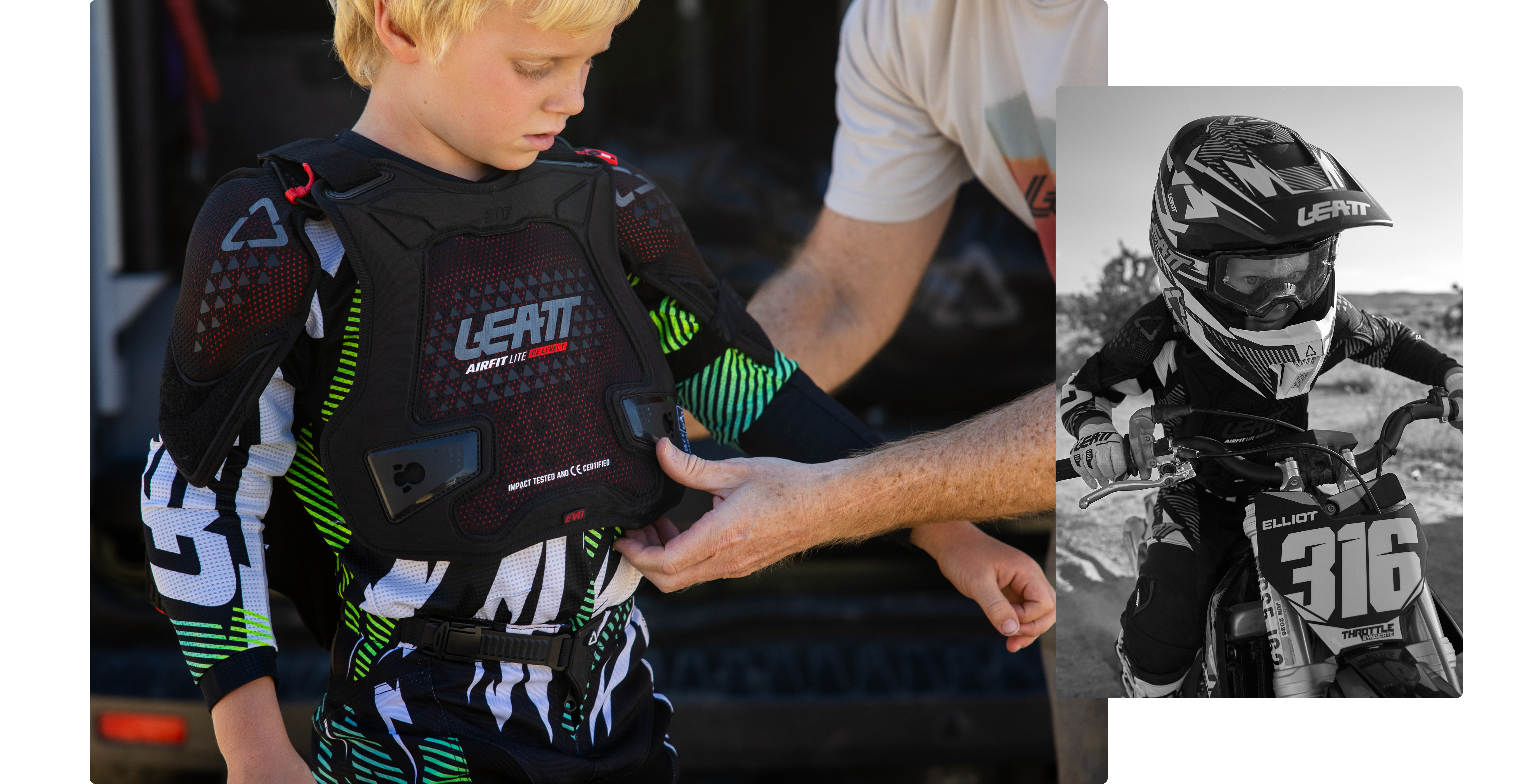 Child wearing a Leatt protective vest with a close-up of the brand logo, set against an outdoor background.
