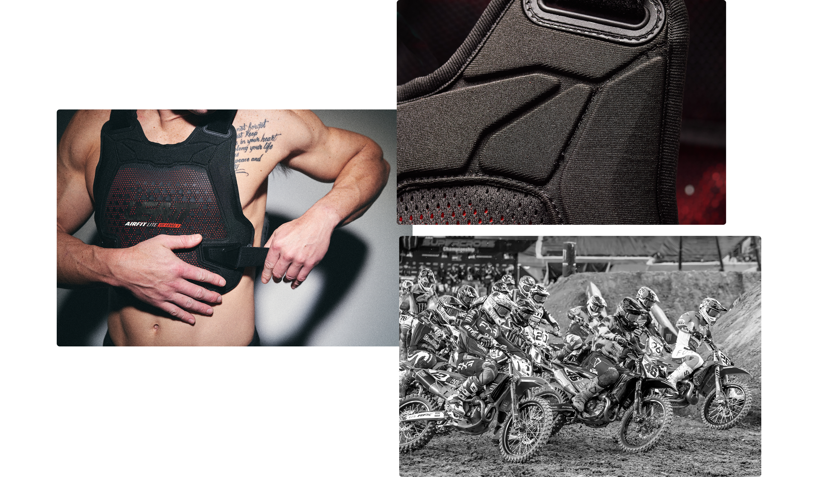 Person wearing a black chest protector, close-up of device, and row of dirt bikes.