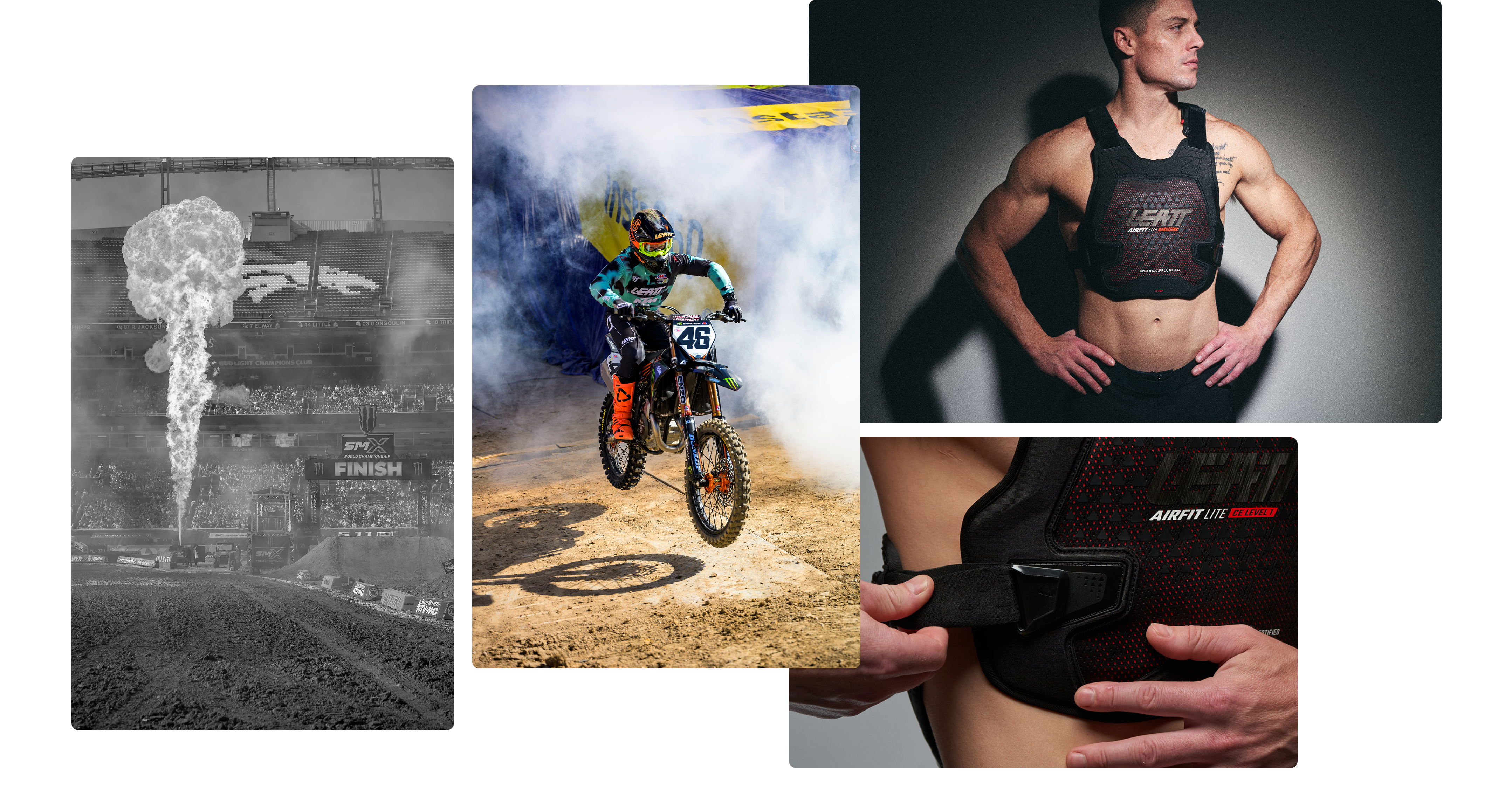 Collage of images featuring a person wearing a black chest protector with visible branding.