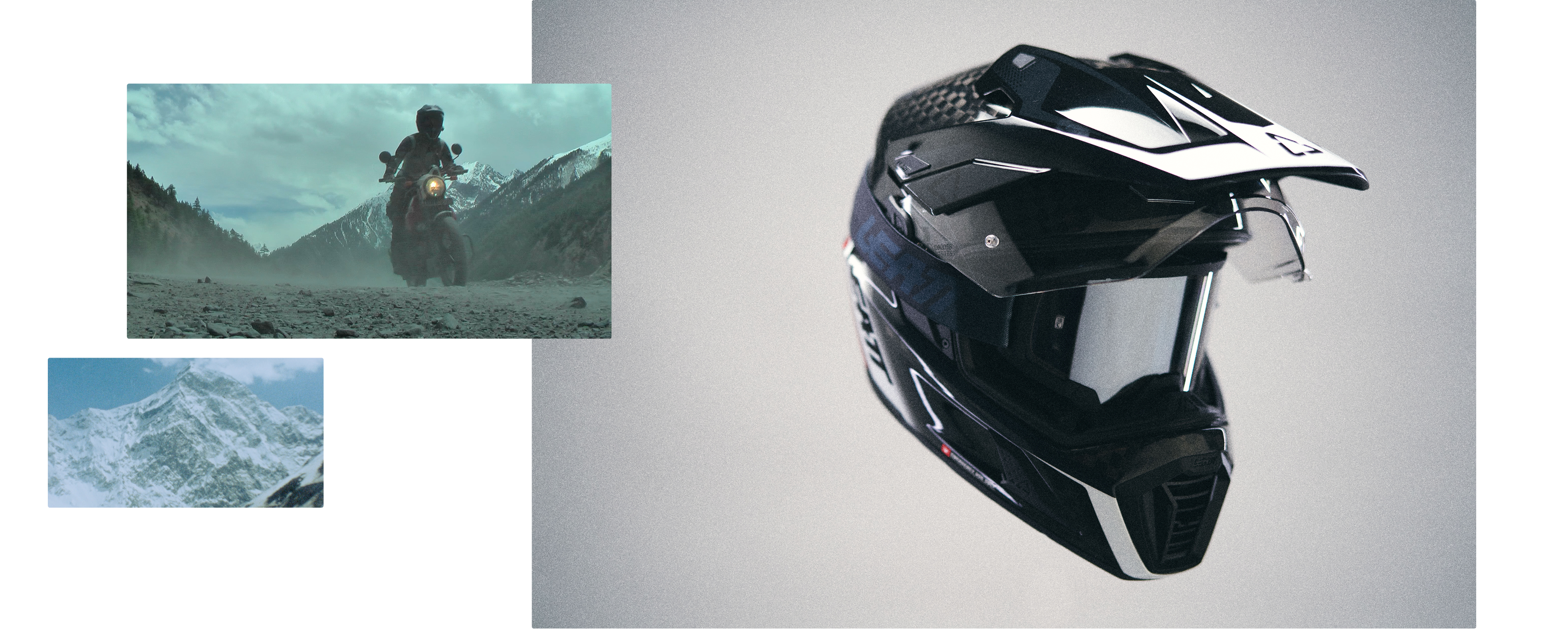 A black and white full-face off-road motorcycle helmet with a clear visor, shown on a light gray background. Two small inset images on the left show a rider in a mountain setting and snowy mountains, likely illustrating the product's use case.