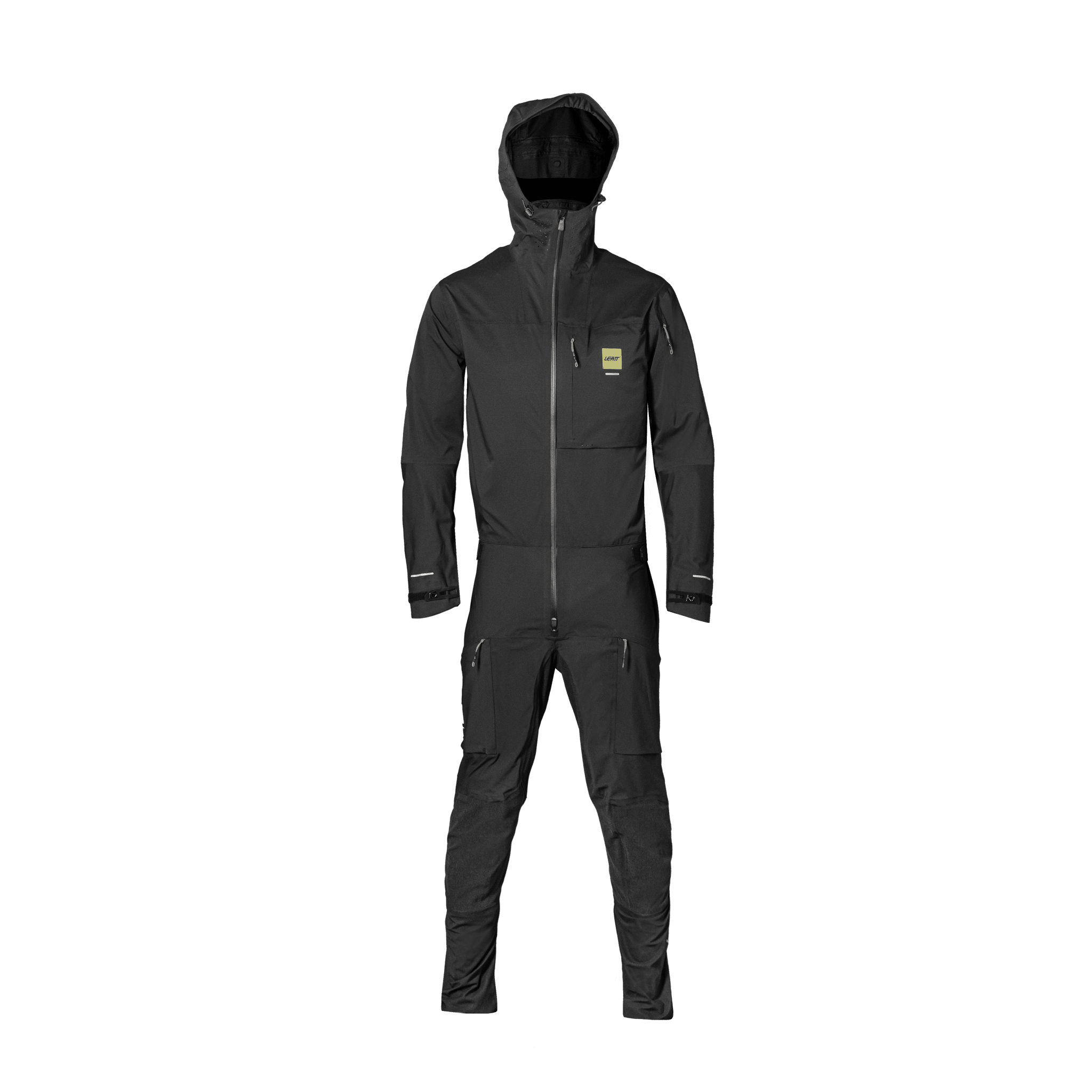 Black waterproof suit on a white background