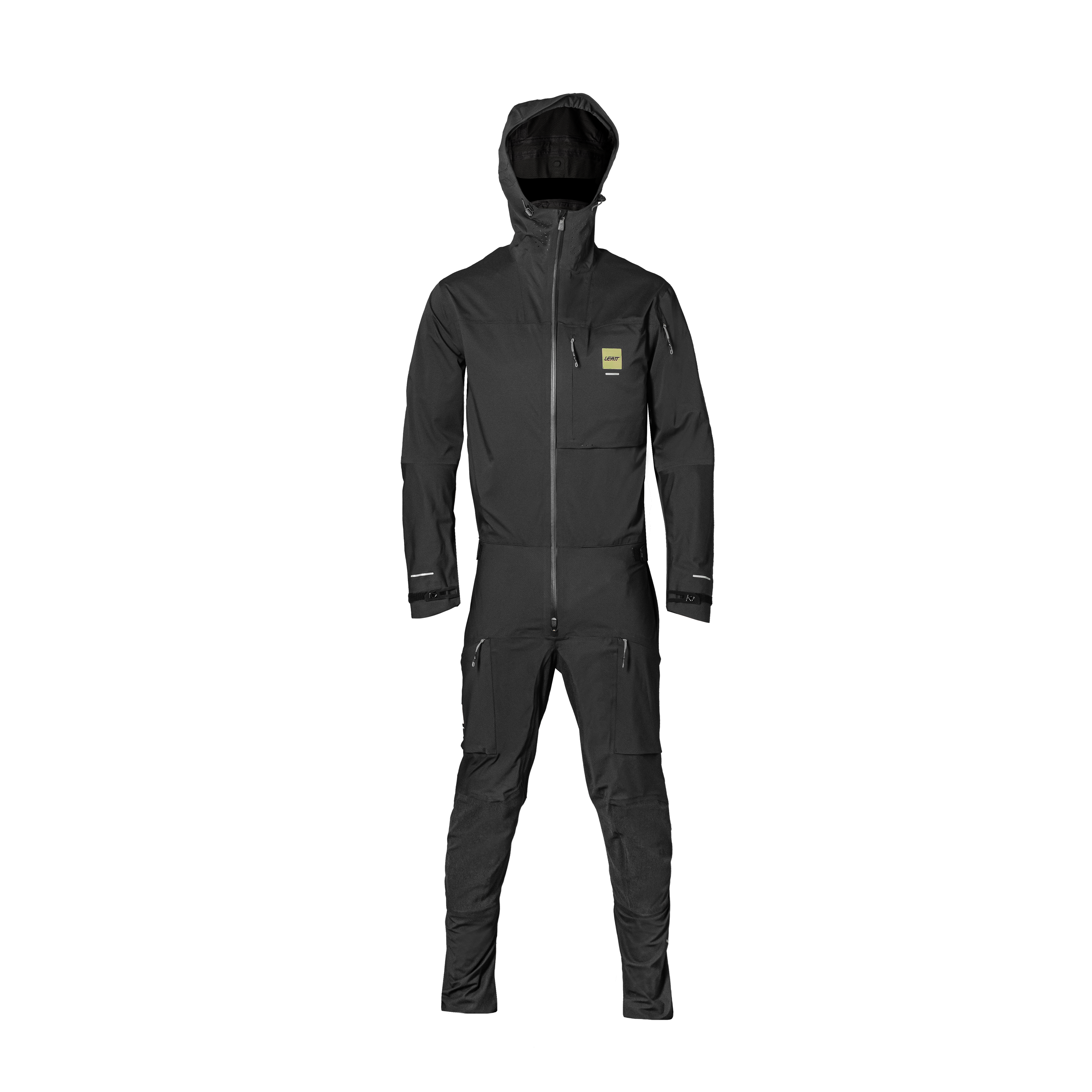 Black waterproof suit on a white background