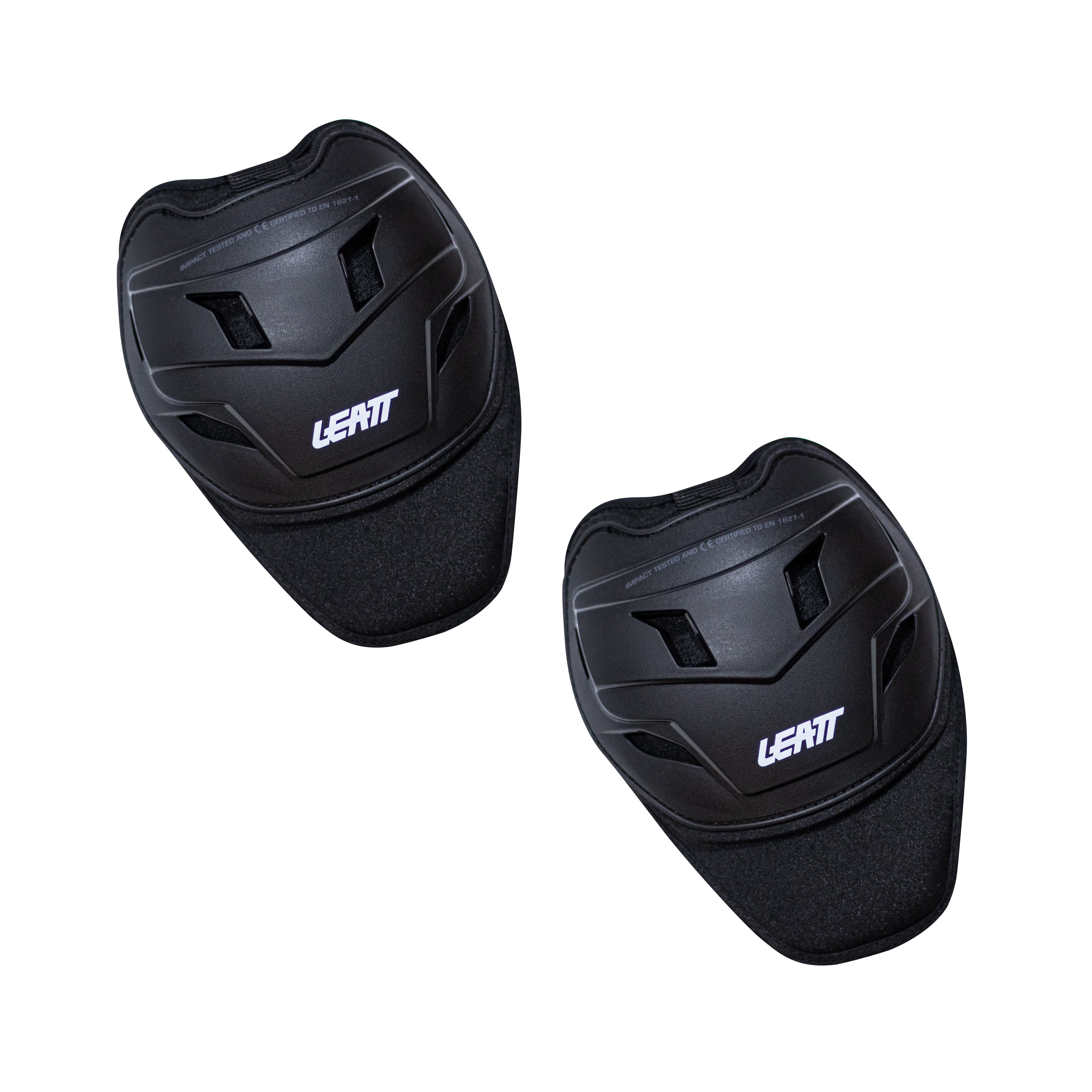 Pair of black knee pads with Leatt branding on a white background