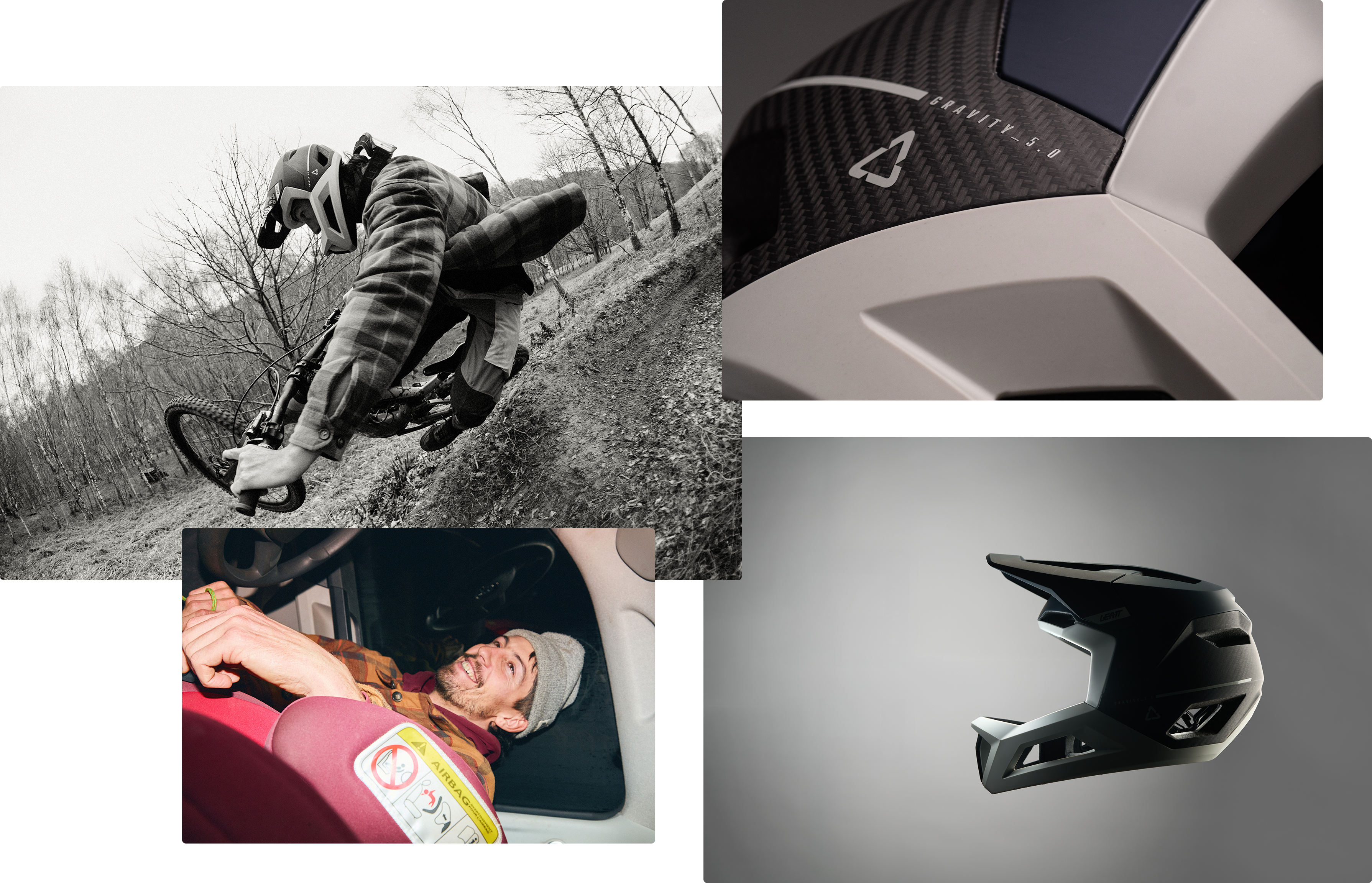 Collage of images featuring a person on a bike, a close-up of a helmet, and a helmet in use.