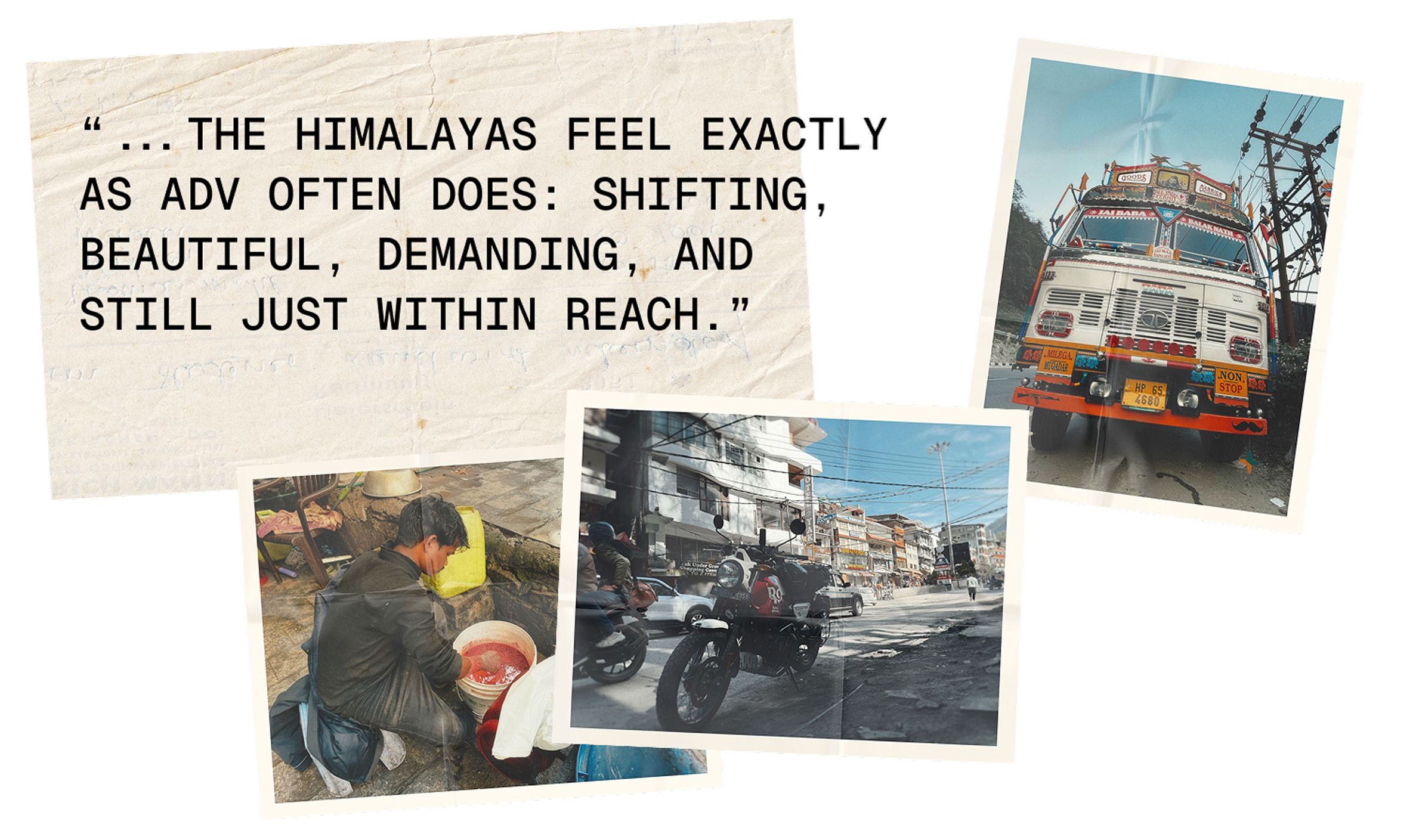 A collage-style graphic on a white background featuring a large quote in black text on a beige paper-like rectangle, alongside three small travel photographs showing a colorful bus, a person in a helmet, and a street scene.