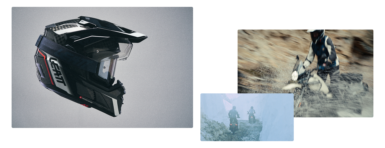 A black and white Leatt full-face off-road motorcycle helmet with a clear visor, shown on a neutral gray background. The right side of the image features a two-panel collage: the top panel shows a motorcyclist riding in a dusty, rocky outdoor environment, and the bottom panel shows two people standing on a rocky cliffside looking out over a hazy landscape.