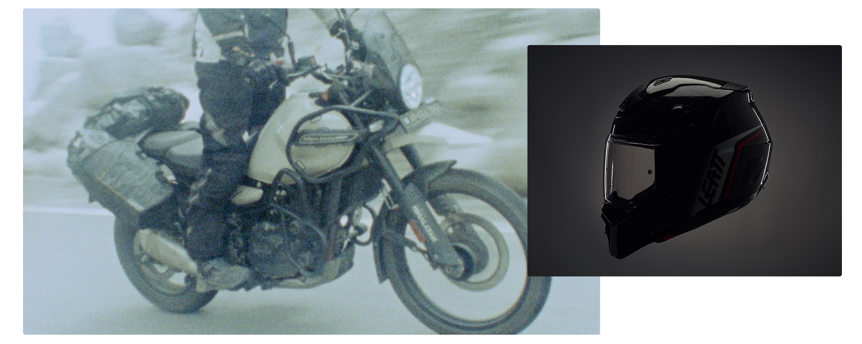 A motorcycle with side luggage is shown riding outdoors on the left, and a black full-face helmet with a visor is shown in a dark studio-style inset on the right.
