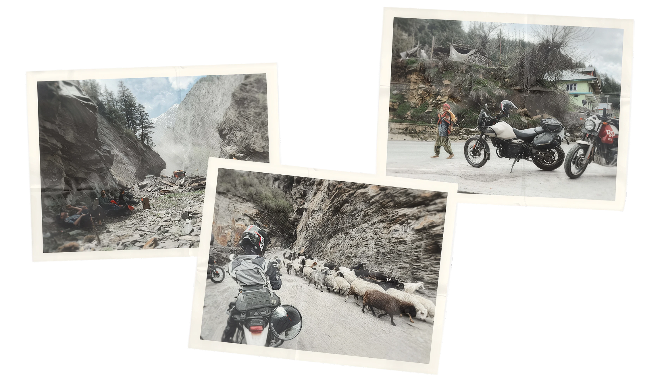 Three vintage-style postcards with white borders are arranged on a plain white background. The postcards depict mountain road scenes with motorcycles, riders, and sheep.